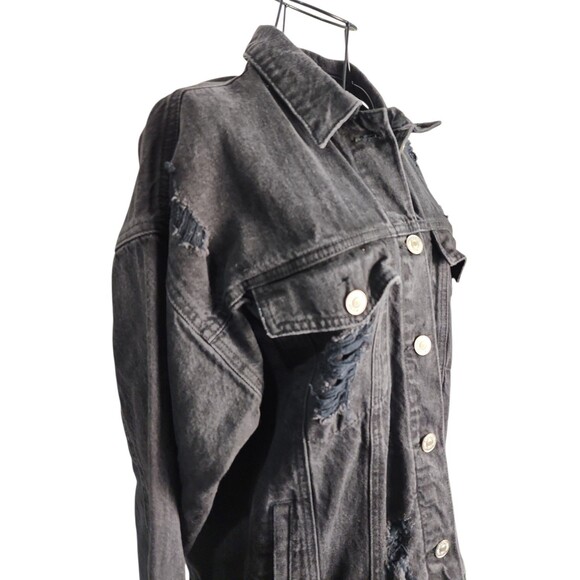 Forever 21 Womens  Distressed Denim Jacket Sz Large Destroyed Grunge Bold Punk - Picture 6 of 10